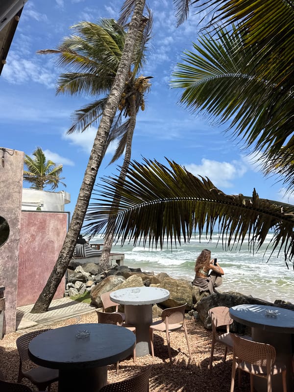 Beachfront café morning in Ahangama, rocks and ocean views