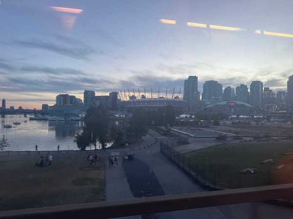 Vancouver cityscape captured at dusk from elevated vantage point
