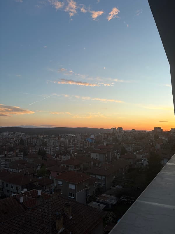 Sunset observed over red-roofed buildings in Veliko Tarnovo, Bulgaria