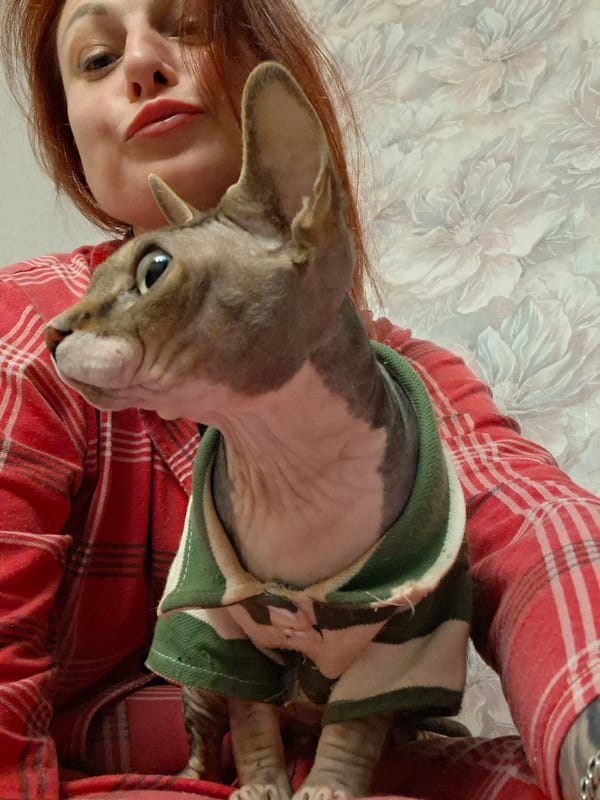 Woman poses with sweater-wearing Sphynx cat in Belarus village