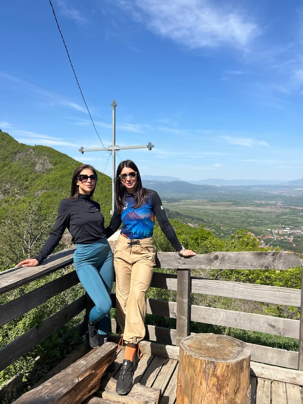 Women relax on observation deck near Dupnitsa, Bulgaria