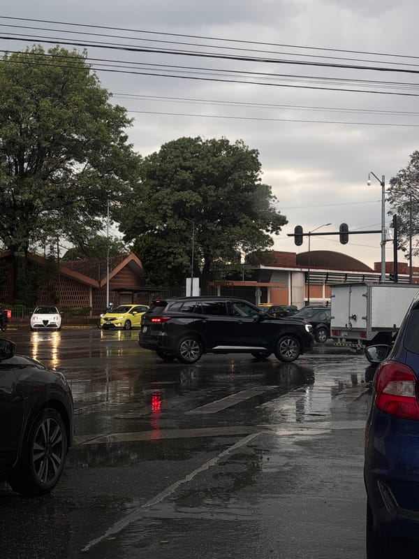 Rainy evening traffic captured at Puebla crosswalk