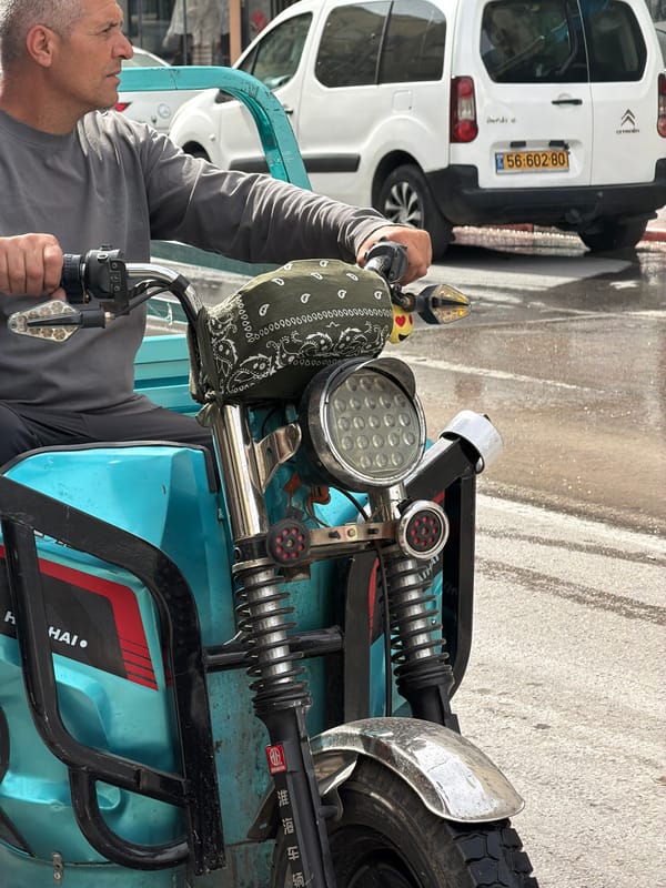 Everyday Tel Aviv moments: tricycle rider, cat, street scene