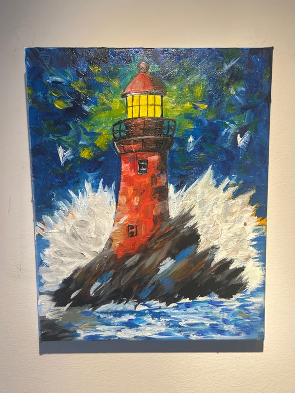 Lighthouse painting displayed on wall in Bansko, Bulgaria