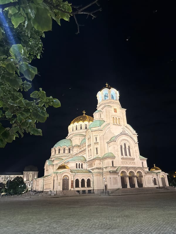 Sofia's Alexander Nevsky Cathedral lit up on a June night