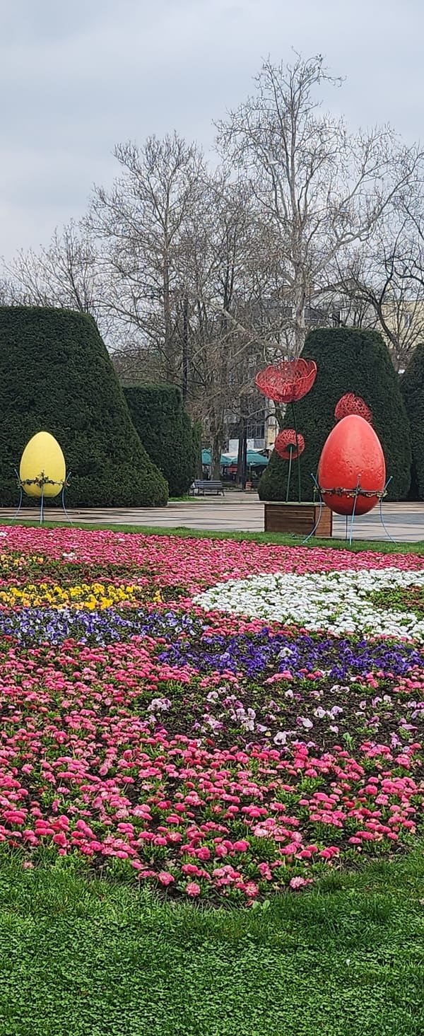Easter decorations and spring landscaping observed in Ruse, Bulgaria