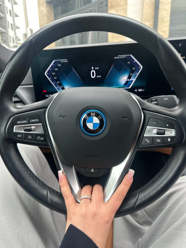 Woman sits in BMW during rainy morning in Armenia