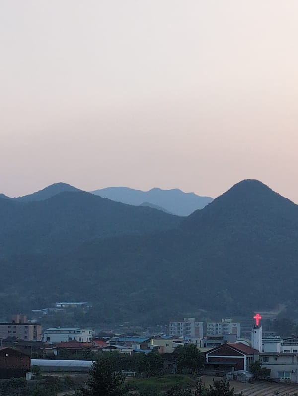 Morning scenes captured in Iwon: cityscape, wildflowers, mountain views