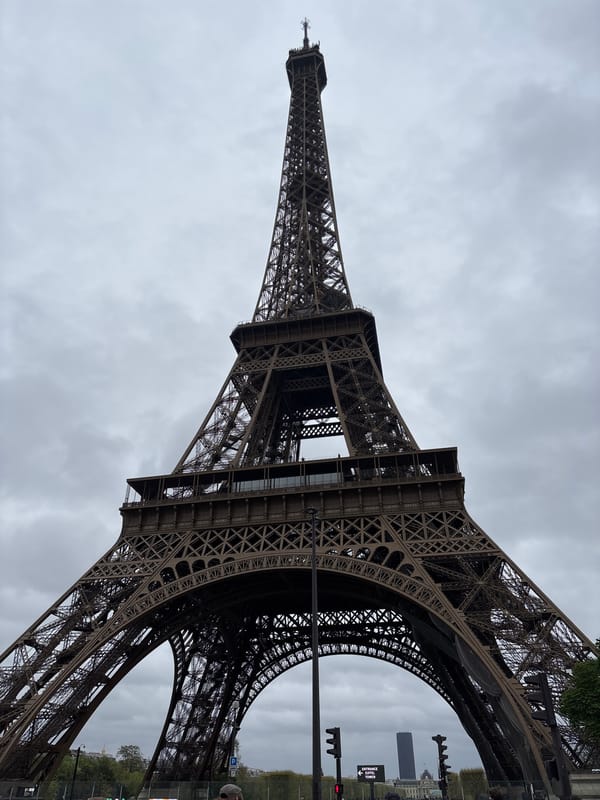 Spring afternoon views of Eiffel Tower under cloudy skies