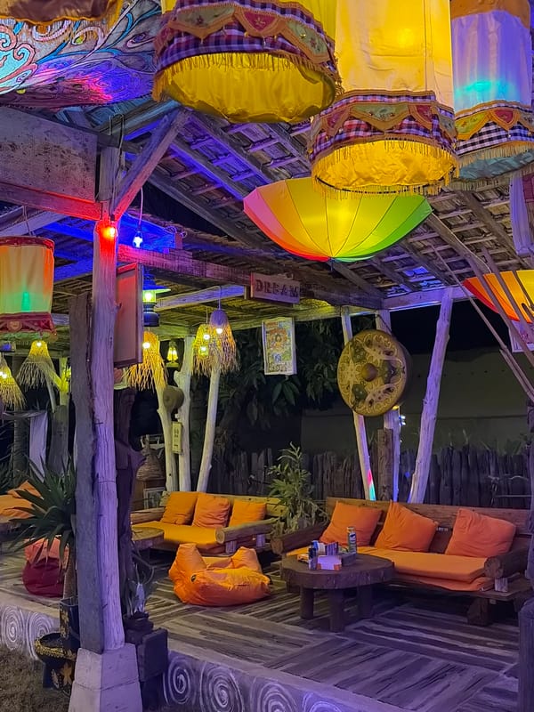 Eclectic lantern-lit bar in Banjar, Indonesia, fully explored at night