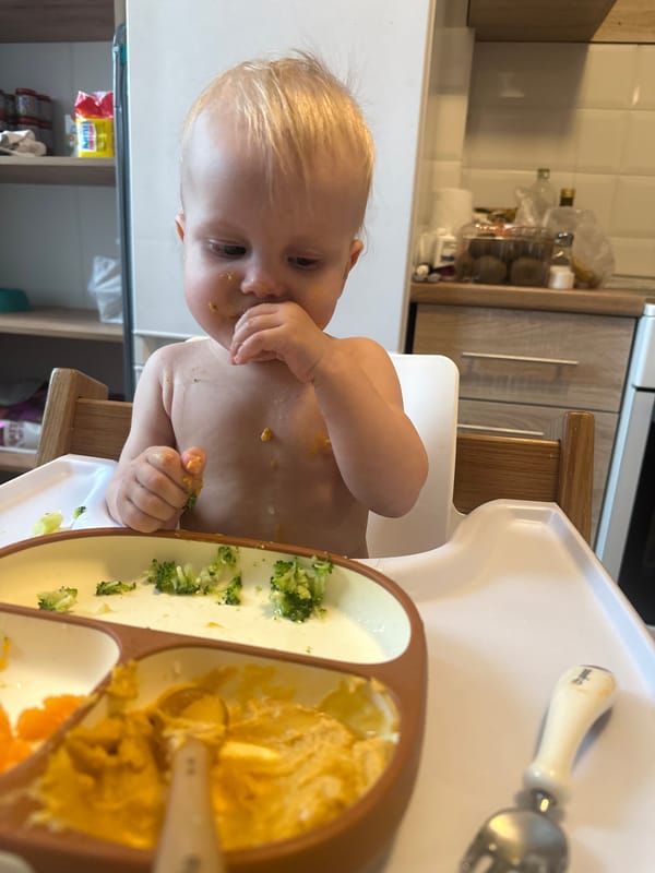 Parent documents messy mealtime with toddler in Khimki home