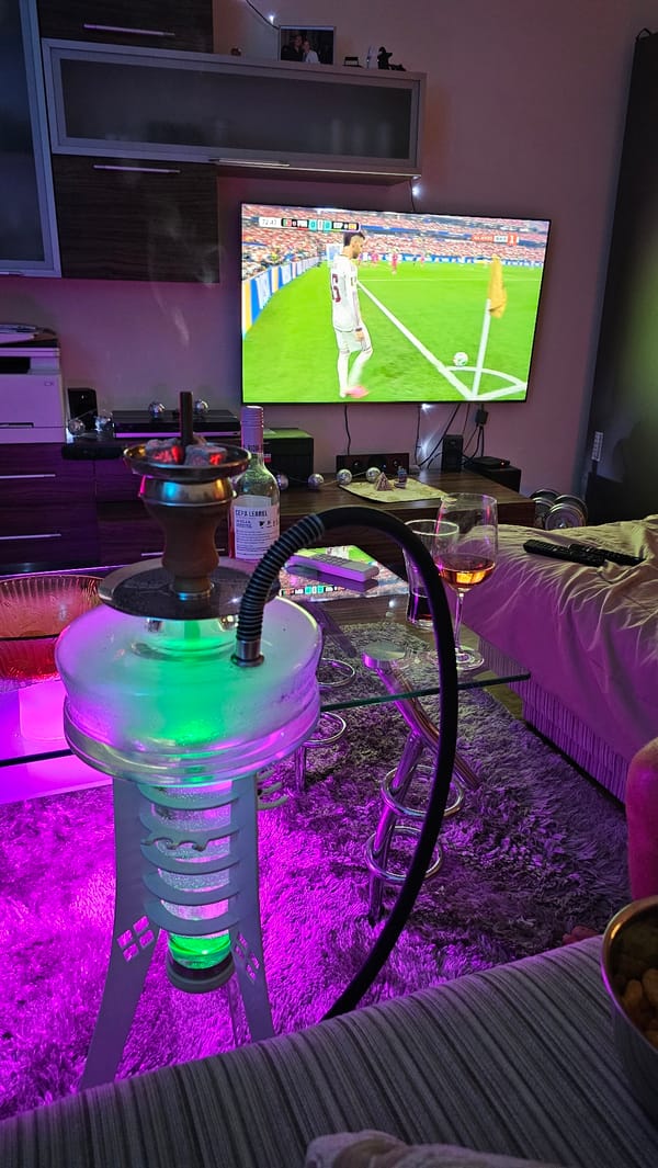 Hookah session in a Varna living room, lit and ready.