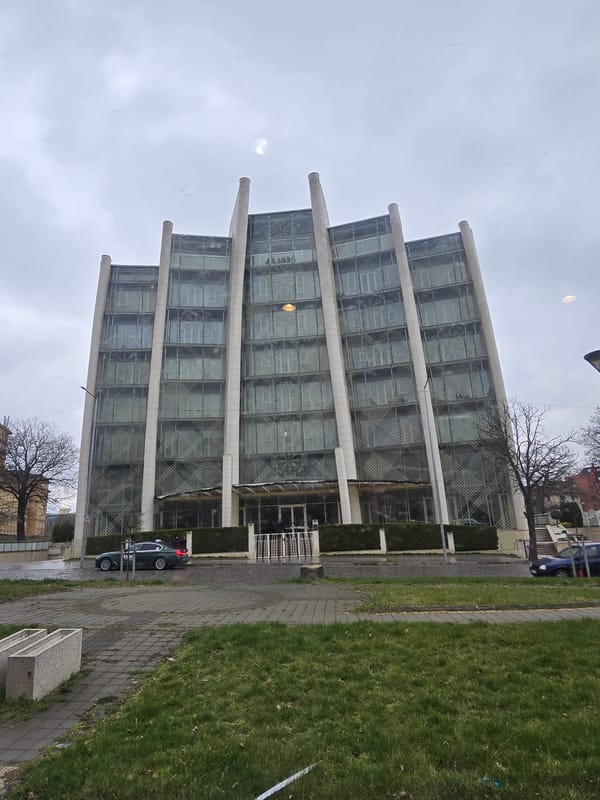 Modern glass building with grid facade documented in Sofia