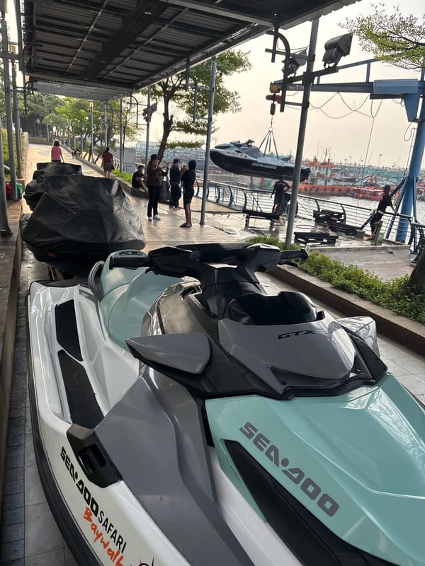 Sea-Doo jet skis launched and prepped at North Jakarta waterfront