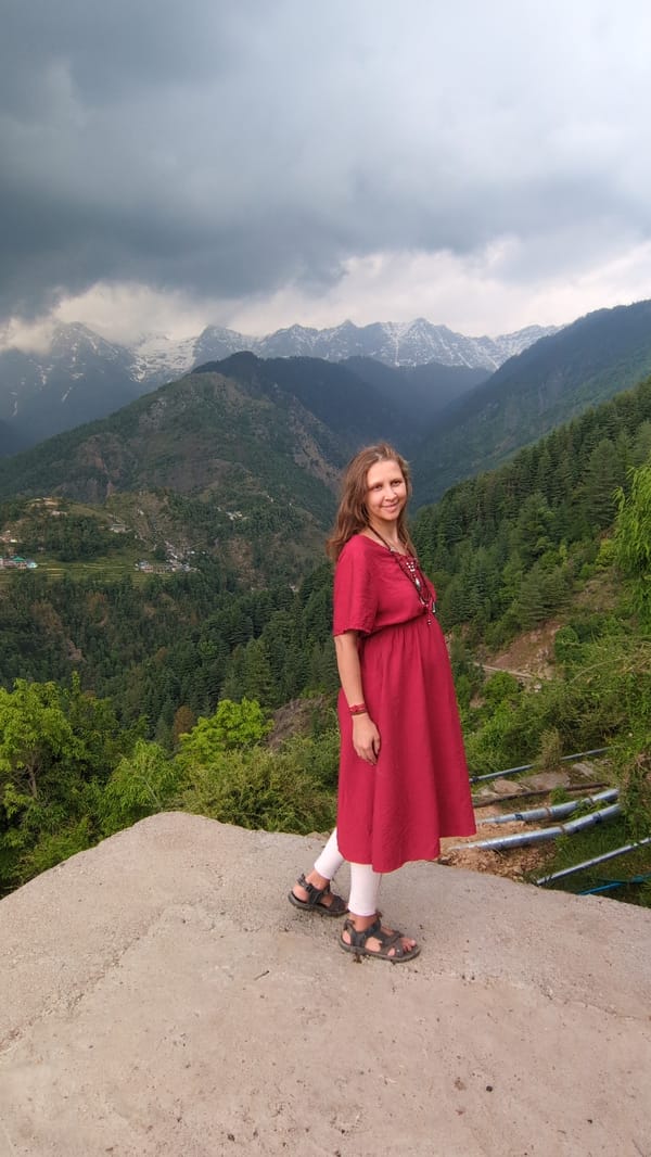 Tourists enjoy mountain views and local dogs in Naddi