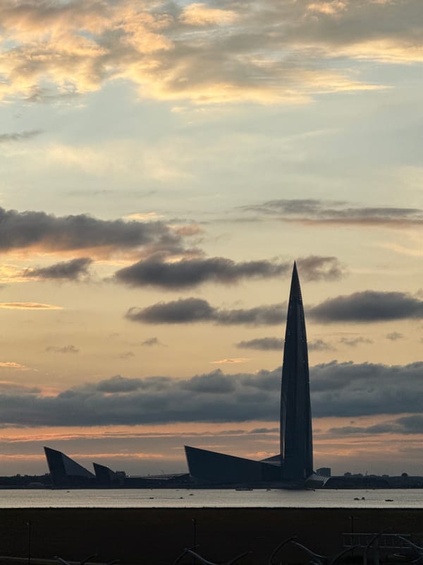 Lakhta Center and Gulf of Finland under a stormy July dusk