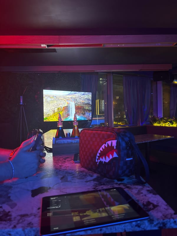 Bar scene captured with red and blue lighting