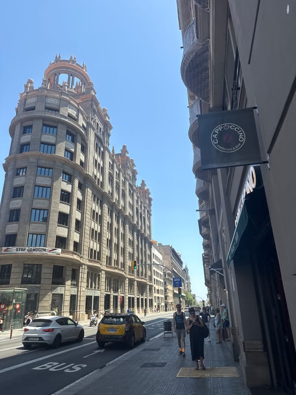 Barcelona streets and a skate shop, midsummer midday