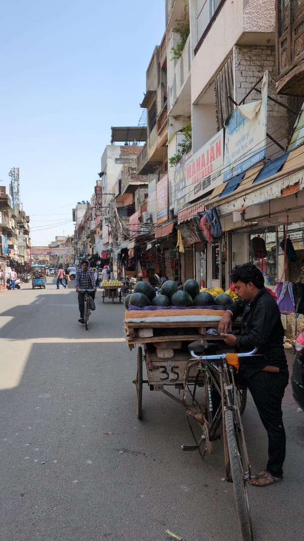 Early morning street life captured in Amritsar commercial district