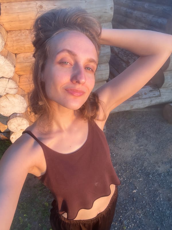 Sunset selfies at a rural log cabin in Kuyeda, Russia