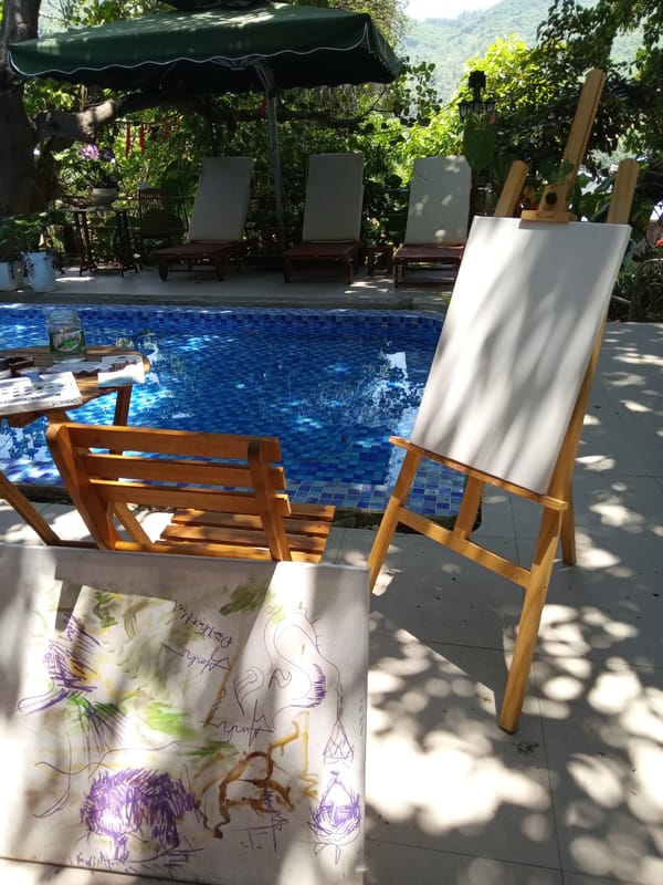 Art easel setup observed at Vietnam heritage area pool
