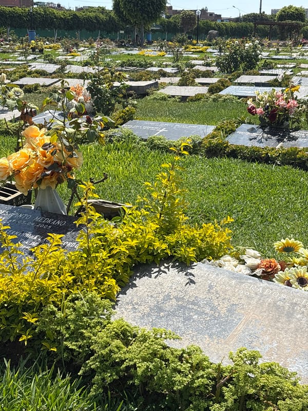 Cemetery grounds documented in Callao, Peru with flowers, gravestones