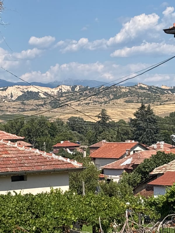 Red rooftops and a bird's nest in rural Sklave, Bulgaria