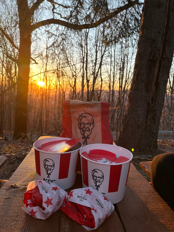 KFC meal photographed on picnic table in Sofia forest