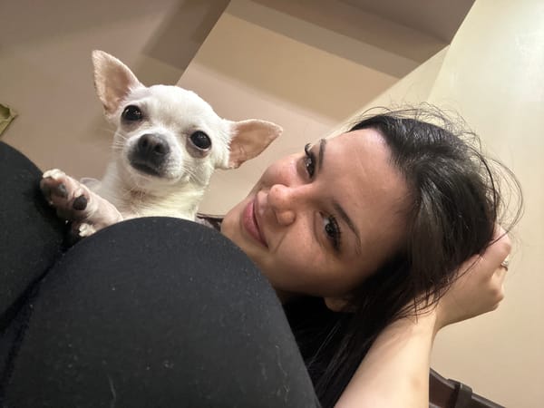 Woman and white Chihuahua photographed in intimate indoor portraits