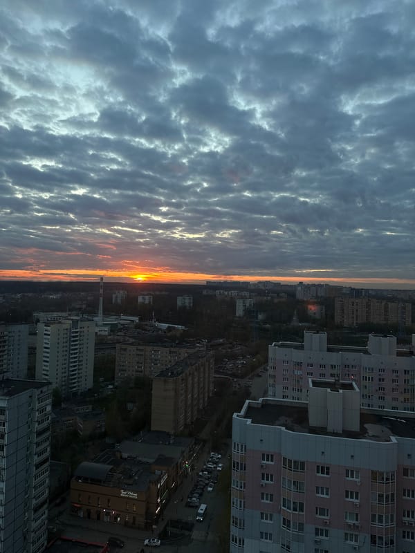 Dramatic sunset illuminates Khimki cityscape on May Day evening