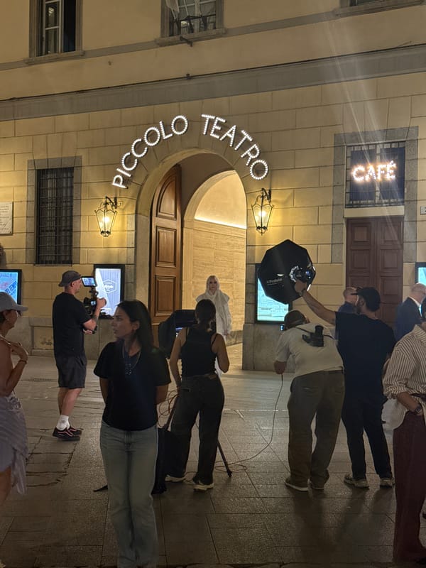 Nighttime photoshoot outside Piccolo Teatro, Milan