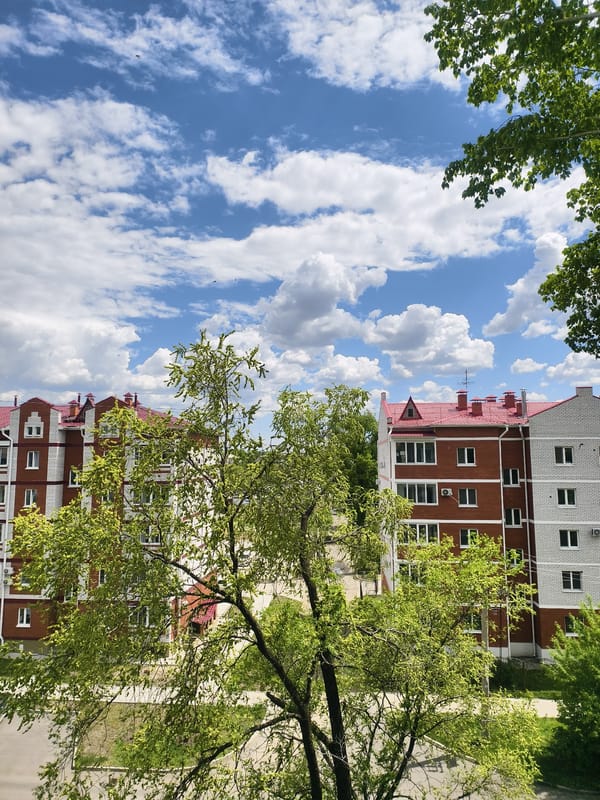 Spring morning view captured of Belogorsk residential buildings