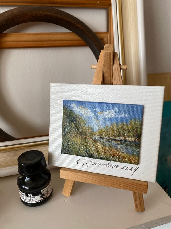 Miniature landscape paintings by N. Gellmund displayed in Bílina