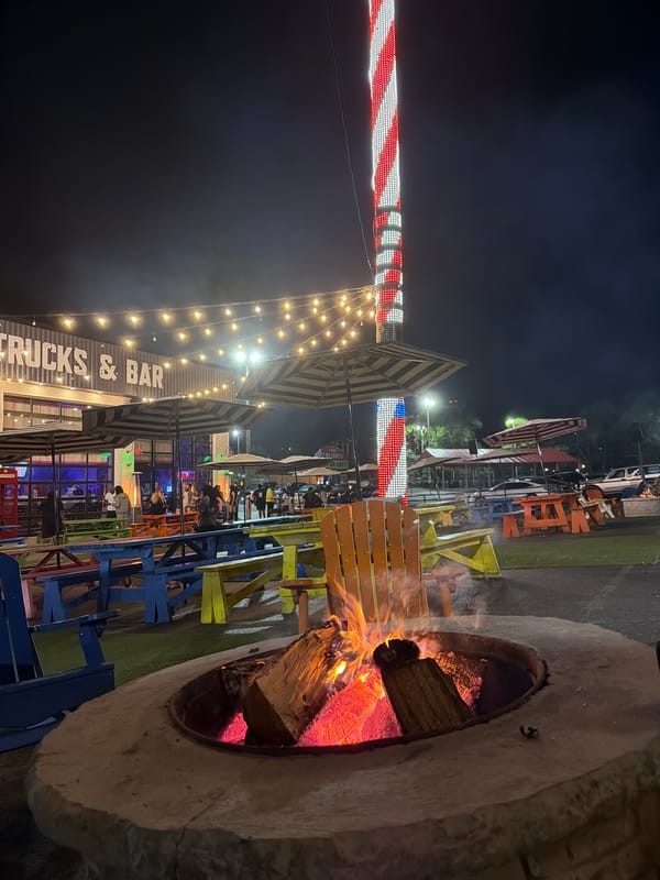 Nighttime food truck park scene captured in Wisconsin Dells