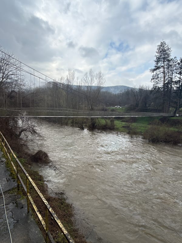 High muddy river observed beneath bridge in Balgarene Bulgaria