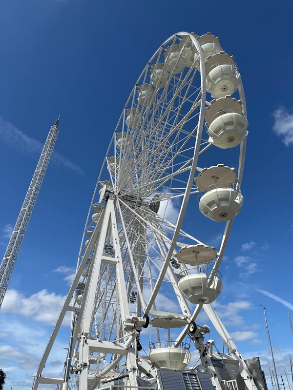 Sunny afternoon at Kiel's harbor, Ferris wheel in view