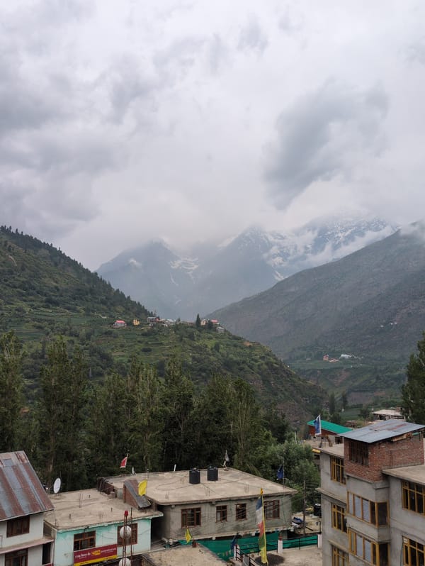 Keylong valley town under cloudy Himalayan skies