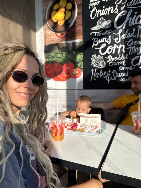 Fast-food restaurant visit with shopping and phone booth photos