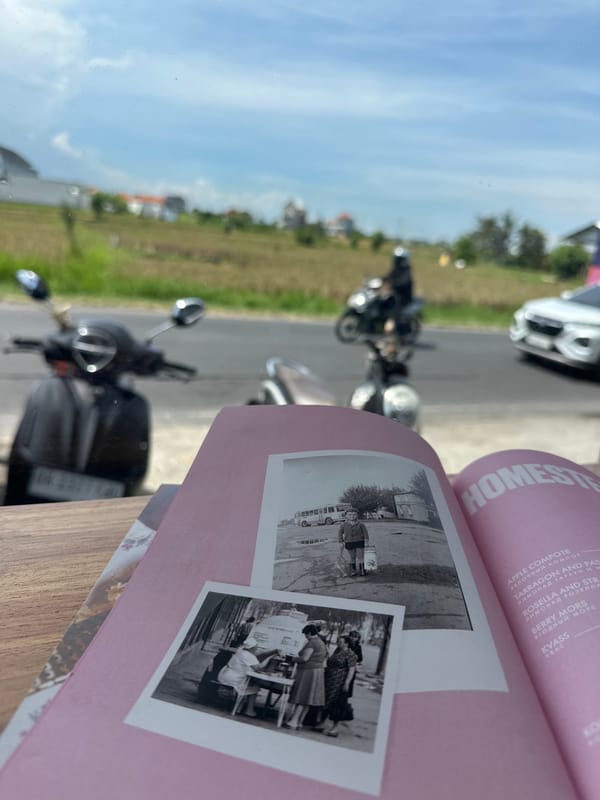 Couple visits pet-friendly shop in Mengwi, browses Russian cookbook