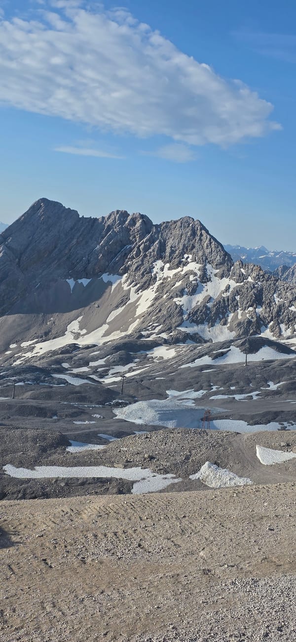 Morning at the Zugspitze: rocky terrain, blue skies, closed beer garden