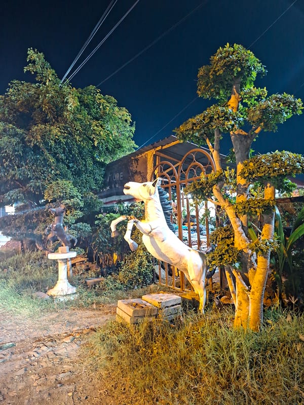 Nighttime statuary and infrastructure documented in Lhokseumawe, Indonesia