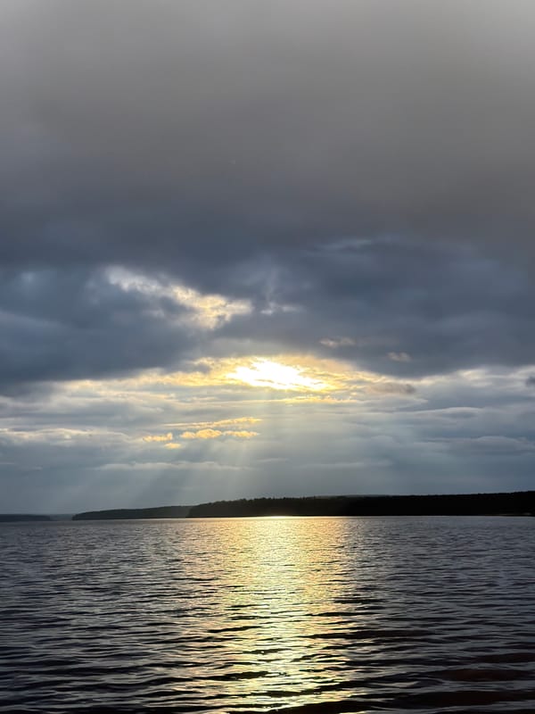 Woman photographs herself at Votkinsk Reservoir under cloudy skies