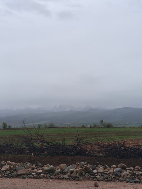 Overcast skies observed over rural Kyrgyzstan countryside