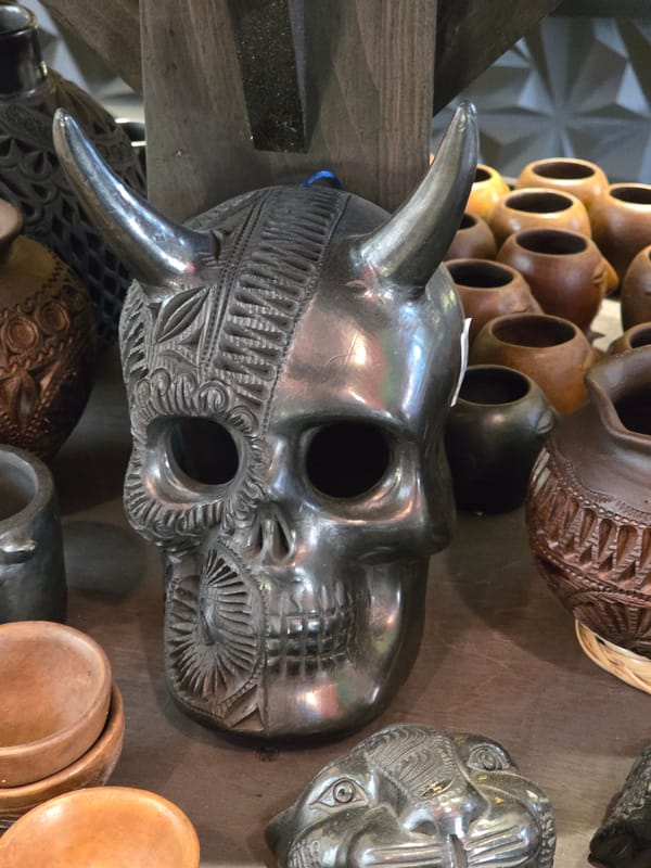 Traditional ceramic crafts displayed for sale in Puebla, Mexico