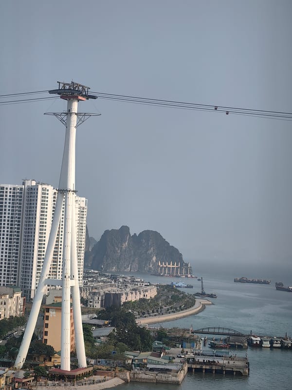 Aerial view captures Bai Chay Ward harbor and cable car infrastructure