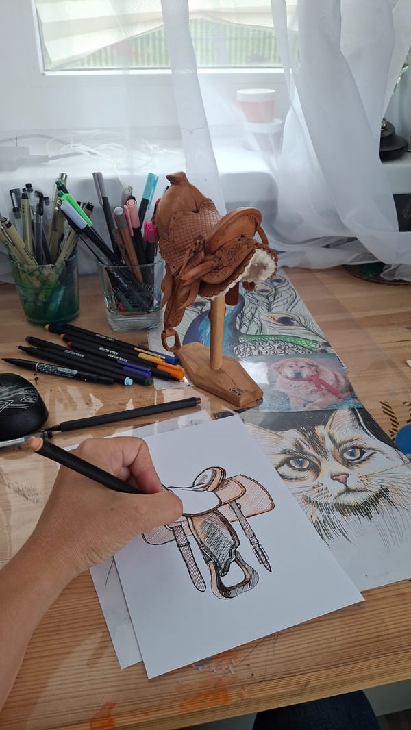 Ink sketch of a saddle taking shape at a Kempelevo home studio