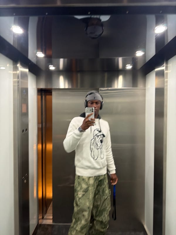 Person takes mirror selfie in London elevator