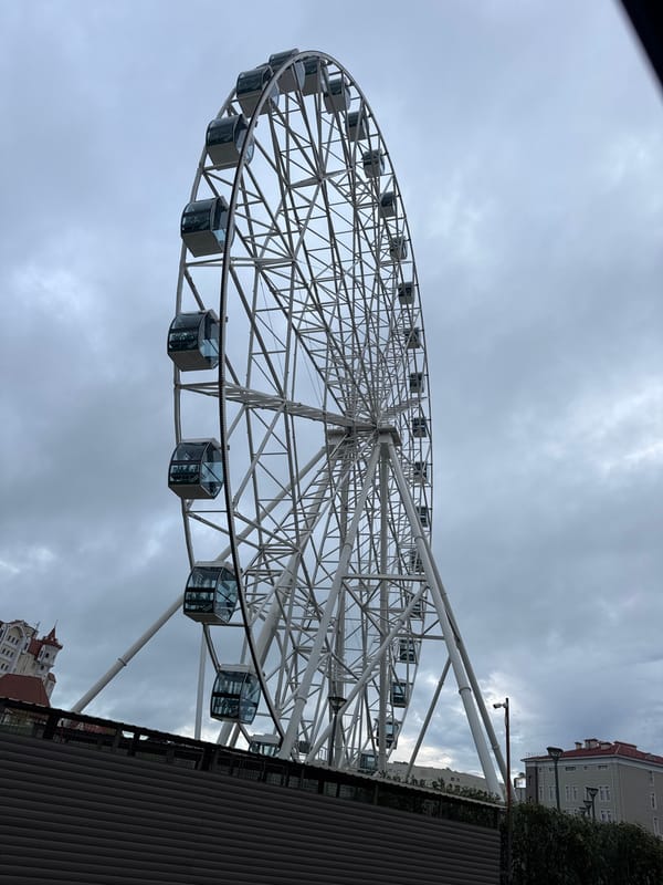 Tourist captures Sirius resort landmarks: Ferris wheel, hotel, mountains