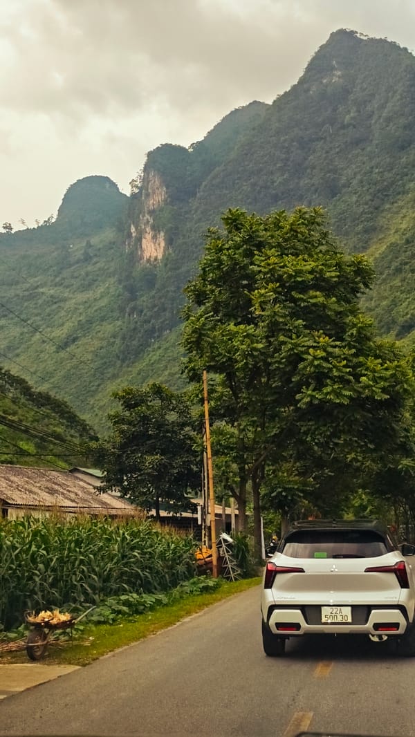 White Mitsubishi travels rural road in northern Vietnam commune