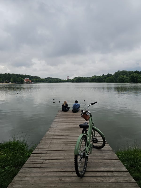 Stillness on a Moscow lake pier on a cloudy afternoon